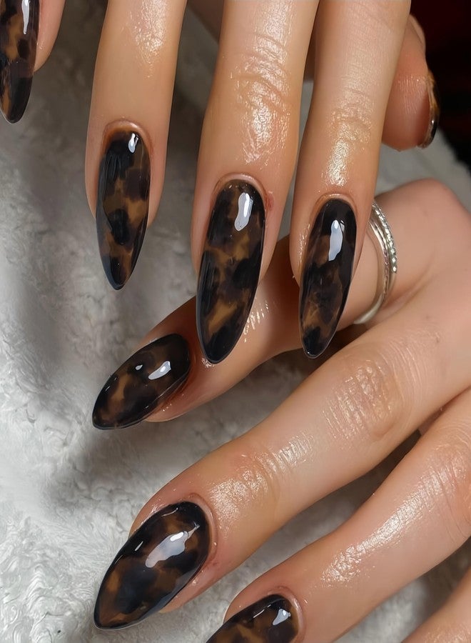 KQueenest Brown Press On Nails Almond Medium, Amber Leopard Print Nails Press ons, Marble Design Full Cover Tortoise Shell Fake Nails With Glue, Reusable Soft Gel Glue on Nails for Women 24 Pcs - Image 1